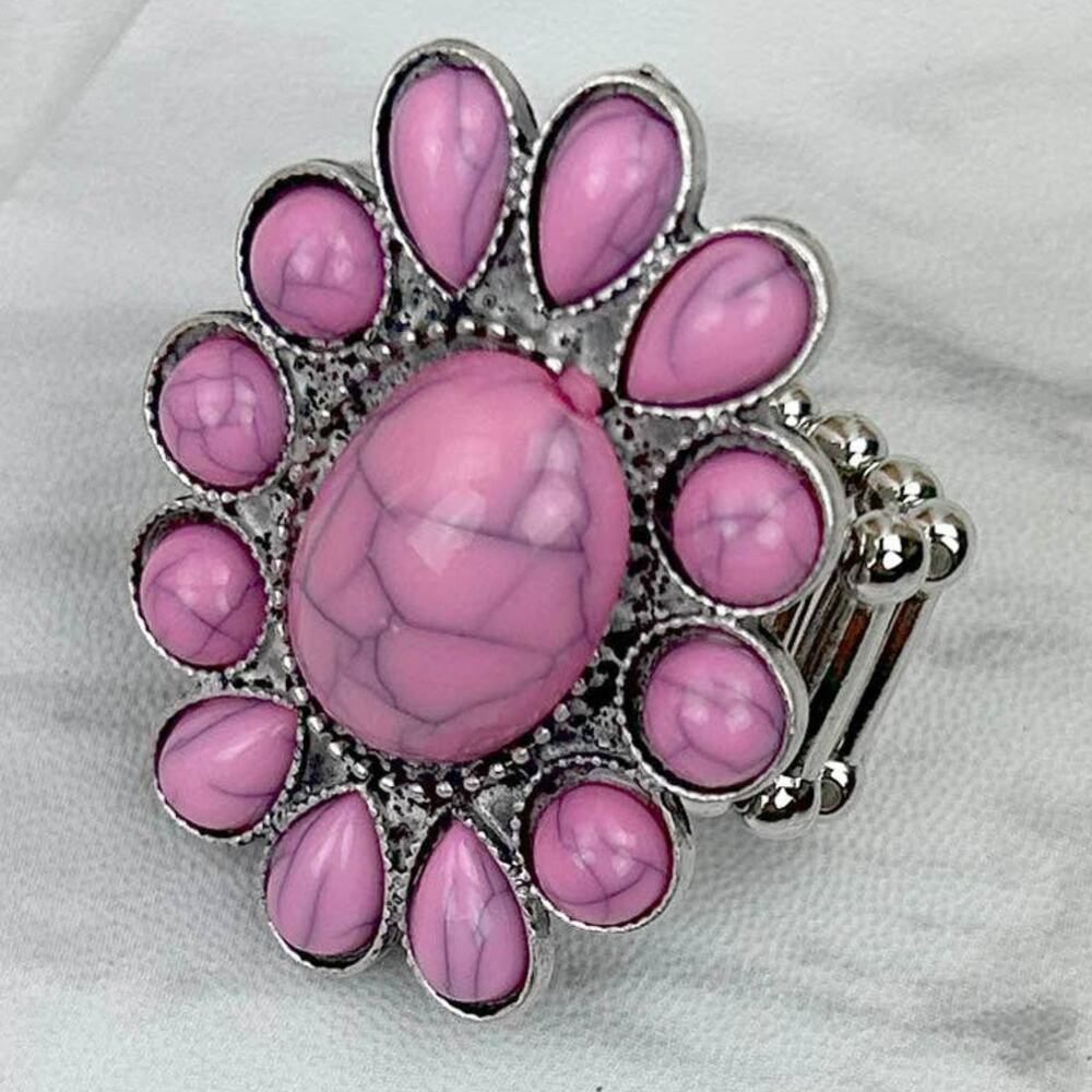 Silver & Light Pink Stone Concho Stretch Ring